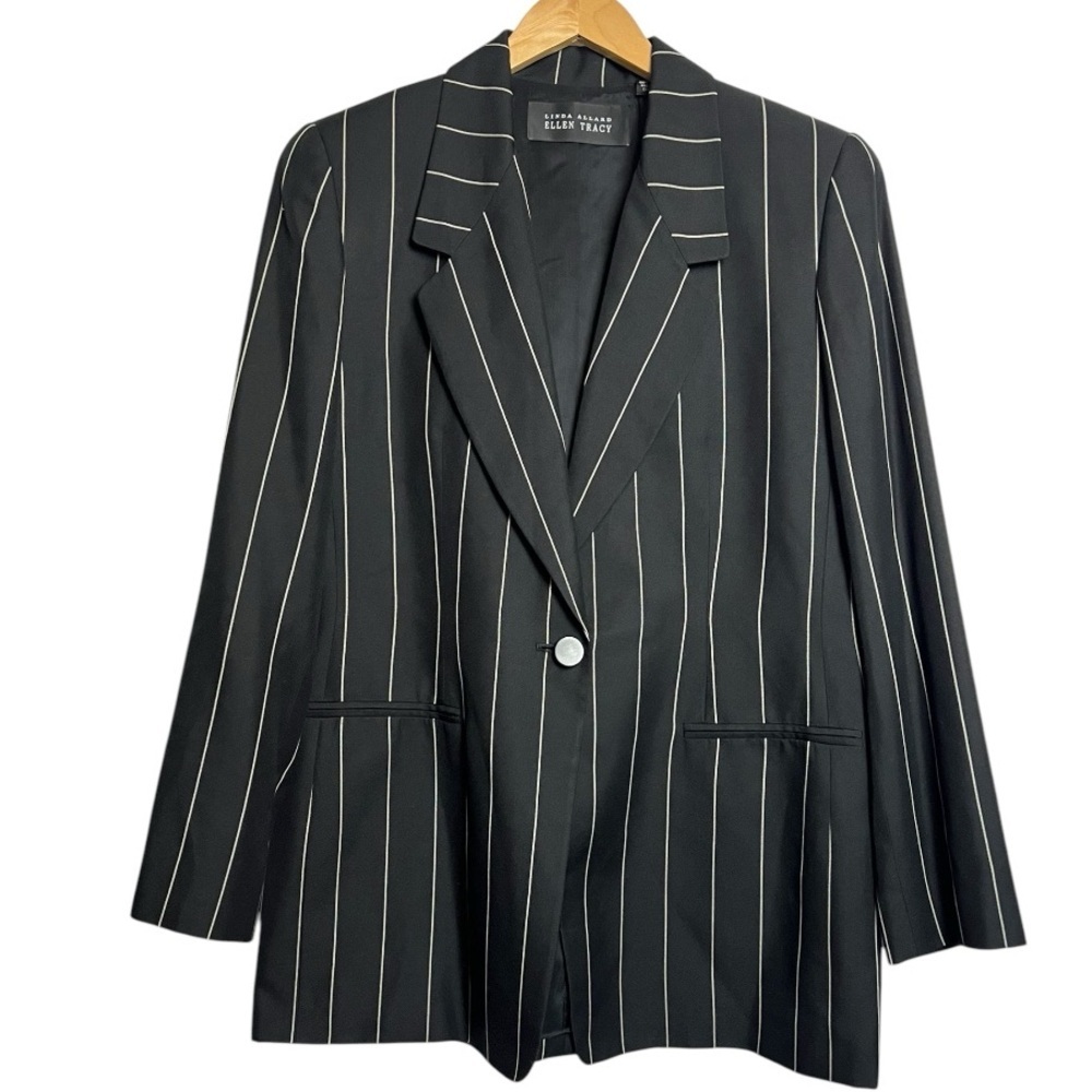 Vintage Ellen Tracy Silk Black Striped Blazer Size 12
